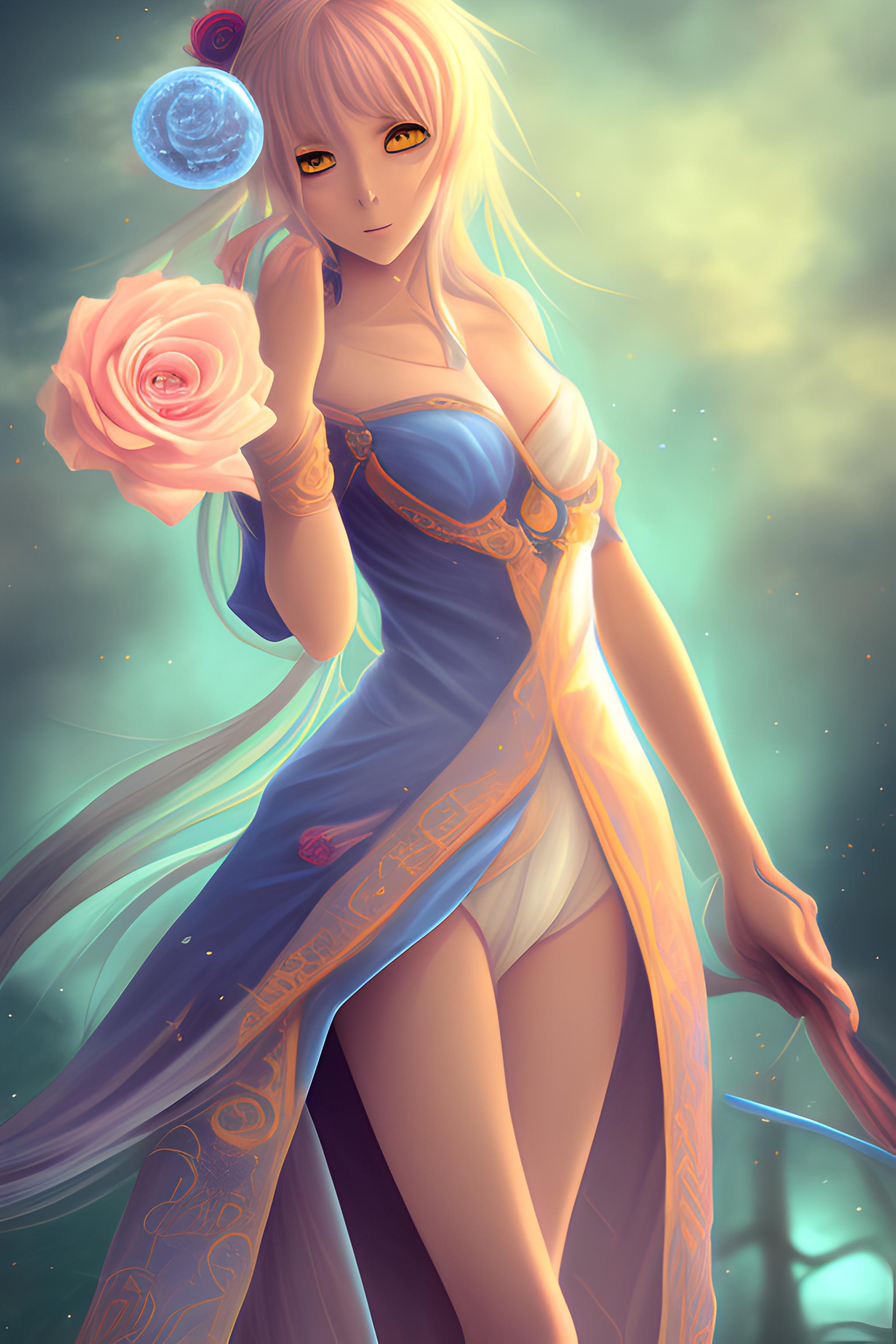 Fille d'anime en combinaison cosplay avec d'extrêmement long cheveux roses et bleu clair tombant en…